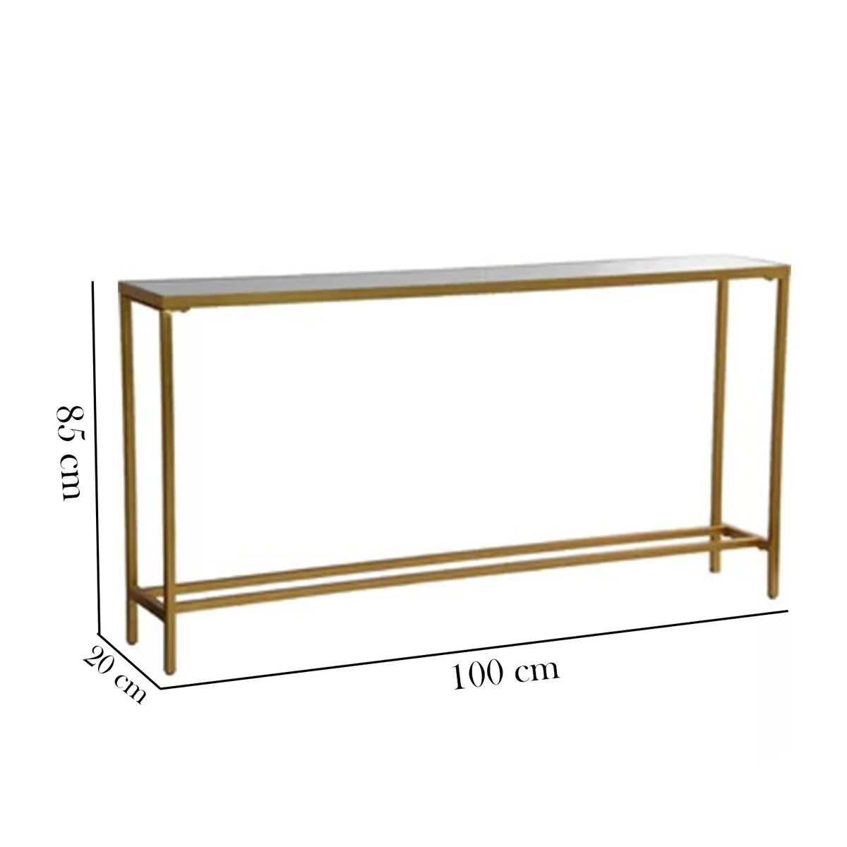 Gold console table with dimensions on a white background