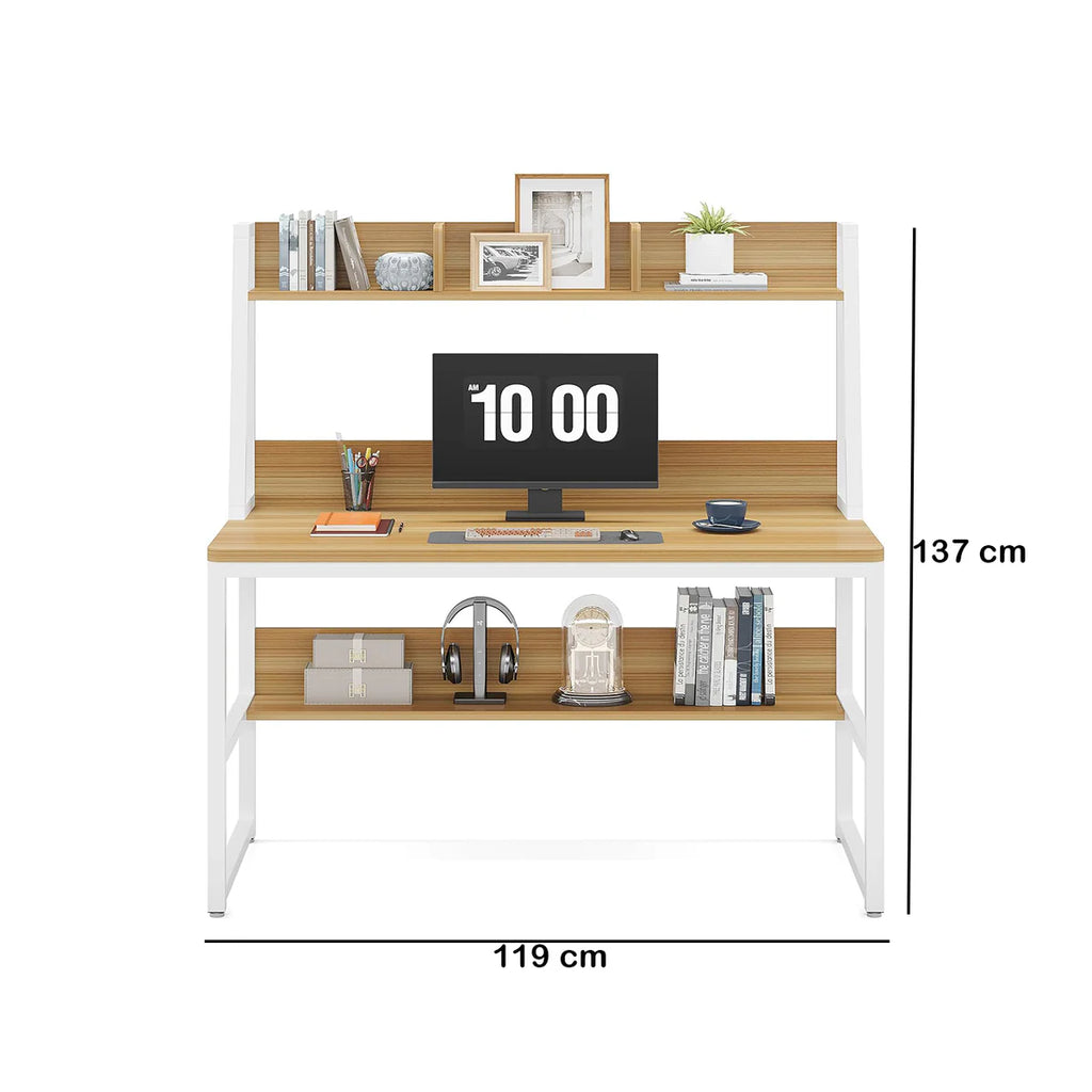 Wooden desk with shelves and a computer setup, dimensions indicated.
