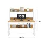 Wooden desk with shelves and a computer setup, dimensions indicated.
