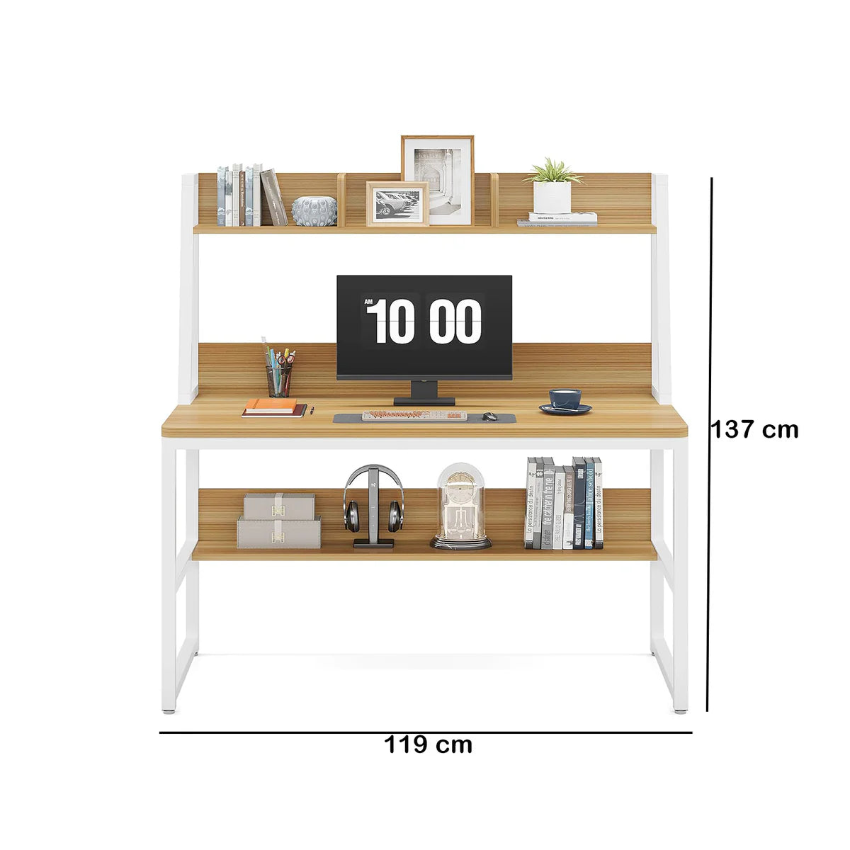 Wooden desk with shelves and a computer setup, dimensions indicated.