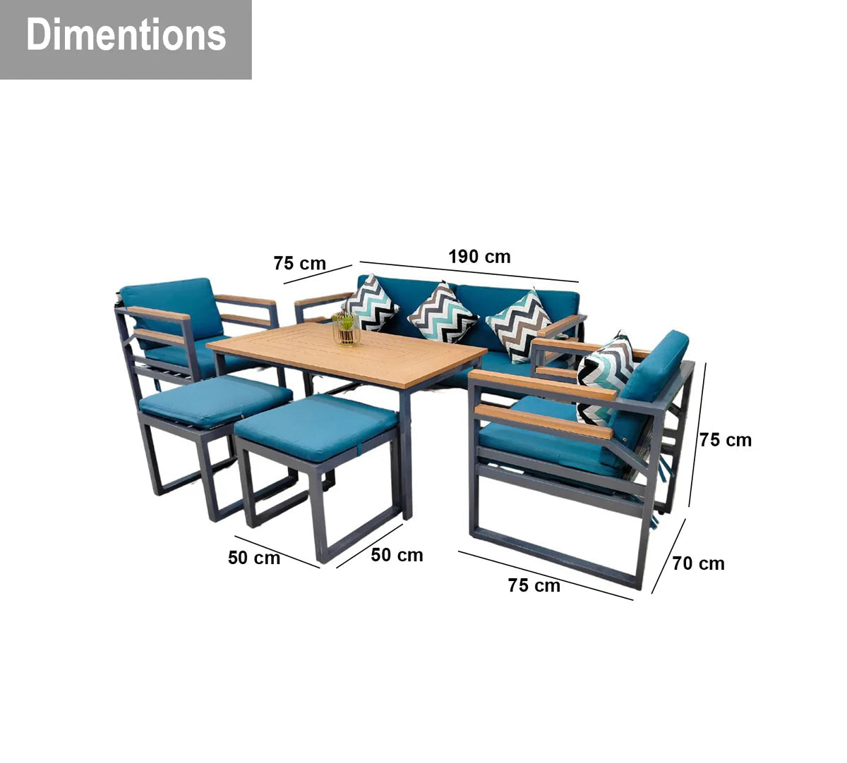 Outdoor furniture set with dimensions labeled on a white background