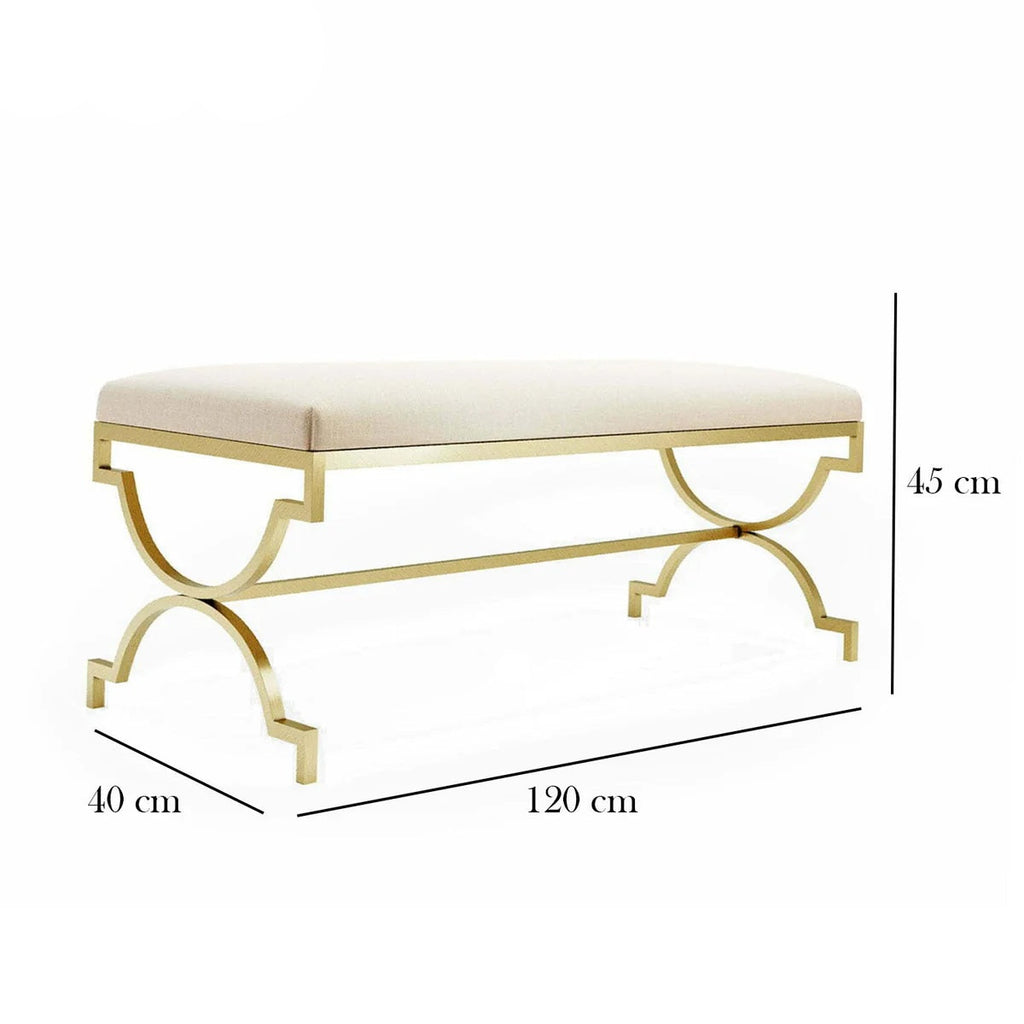 Gold bench with dimensions labeled on a white background