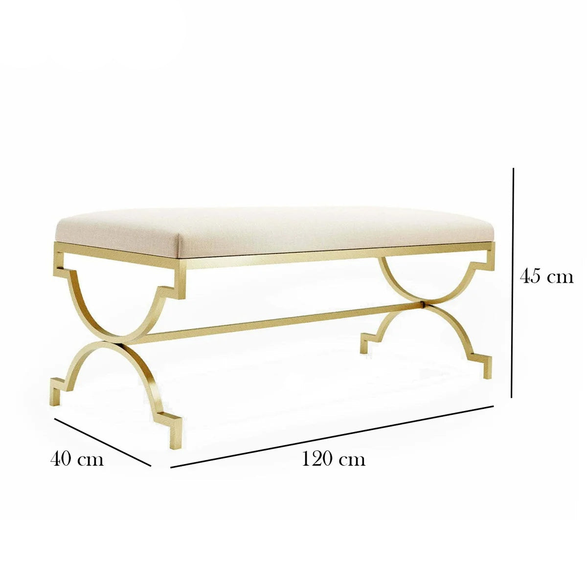 Gold bench with dimensions labeled on a white background