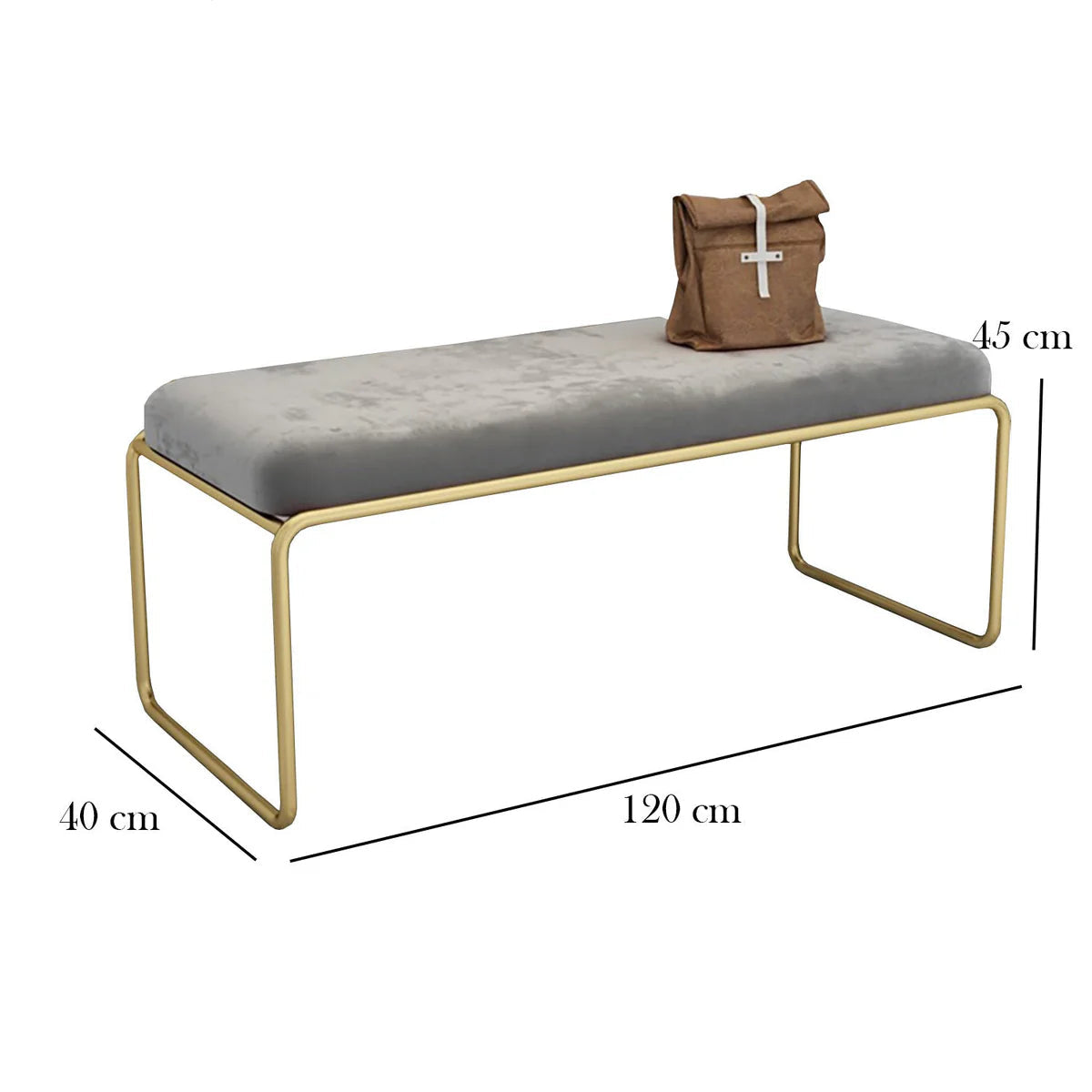 Gray cushioned bench with gold legs and a brown bag on top, with dimensions labeled.