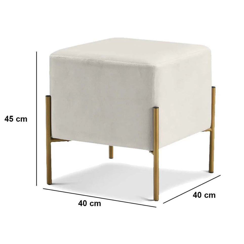 White ottoman with gold legs and dimensions on a white background