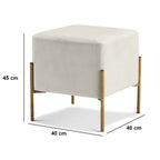 White ottoman with gold legs and dimensions on a white background