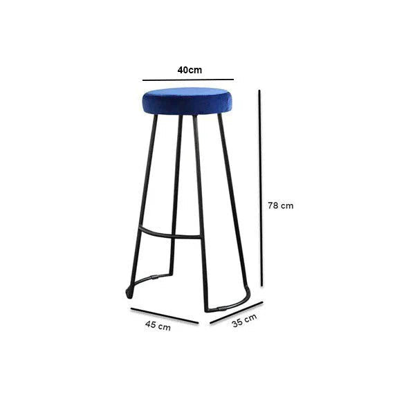 Bar stool with blue seat and black metal frame, shown with dimensions on a white background.