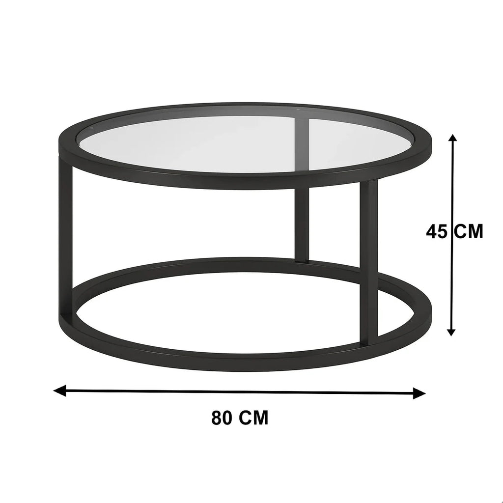 Black round coffee table with glass top and dimensions on a white background