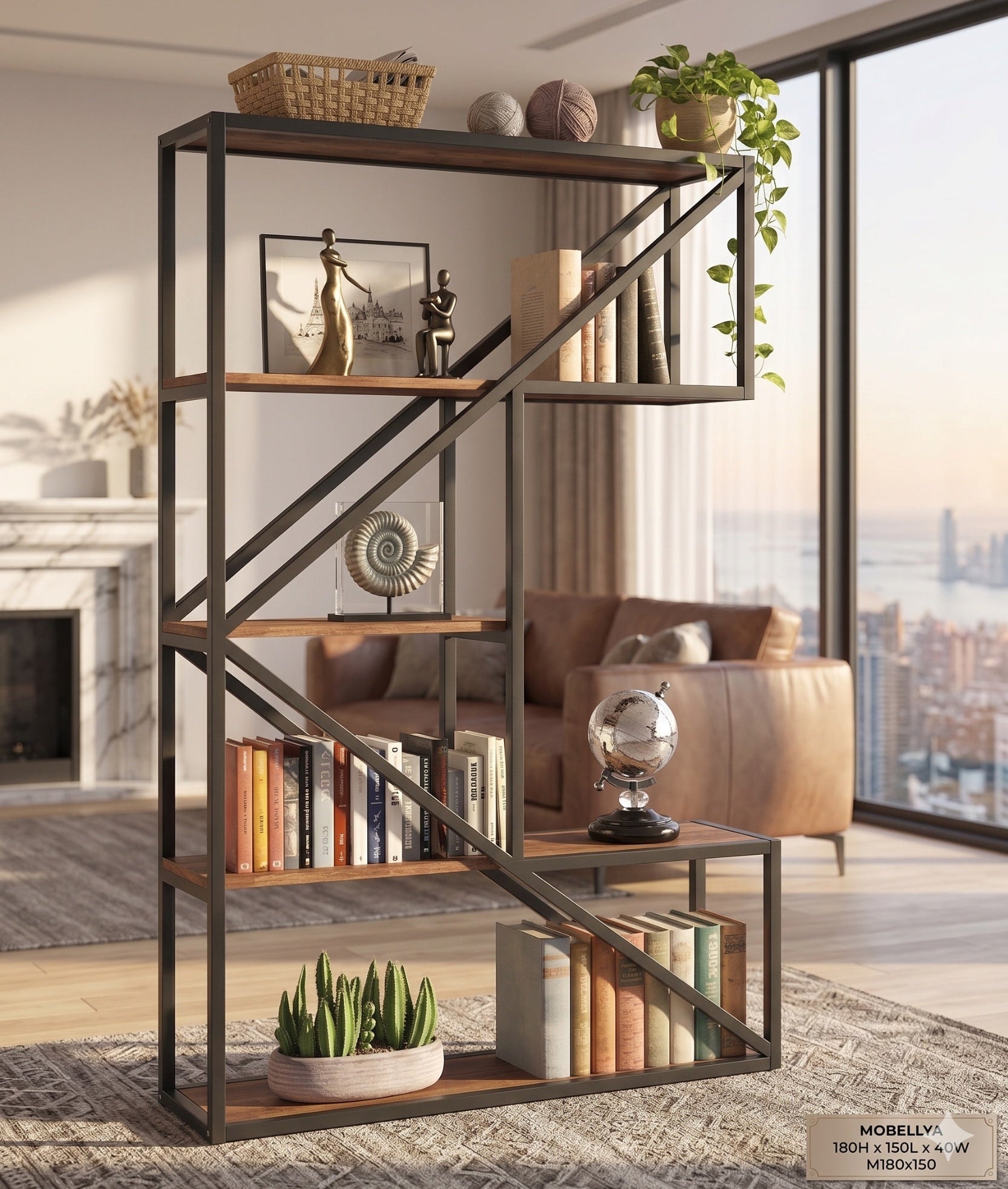 Modern bookshelf in a living room with decor items and a city view.