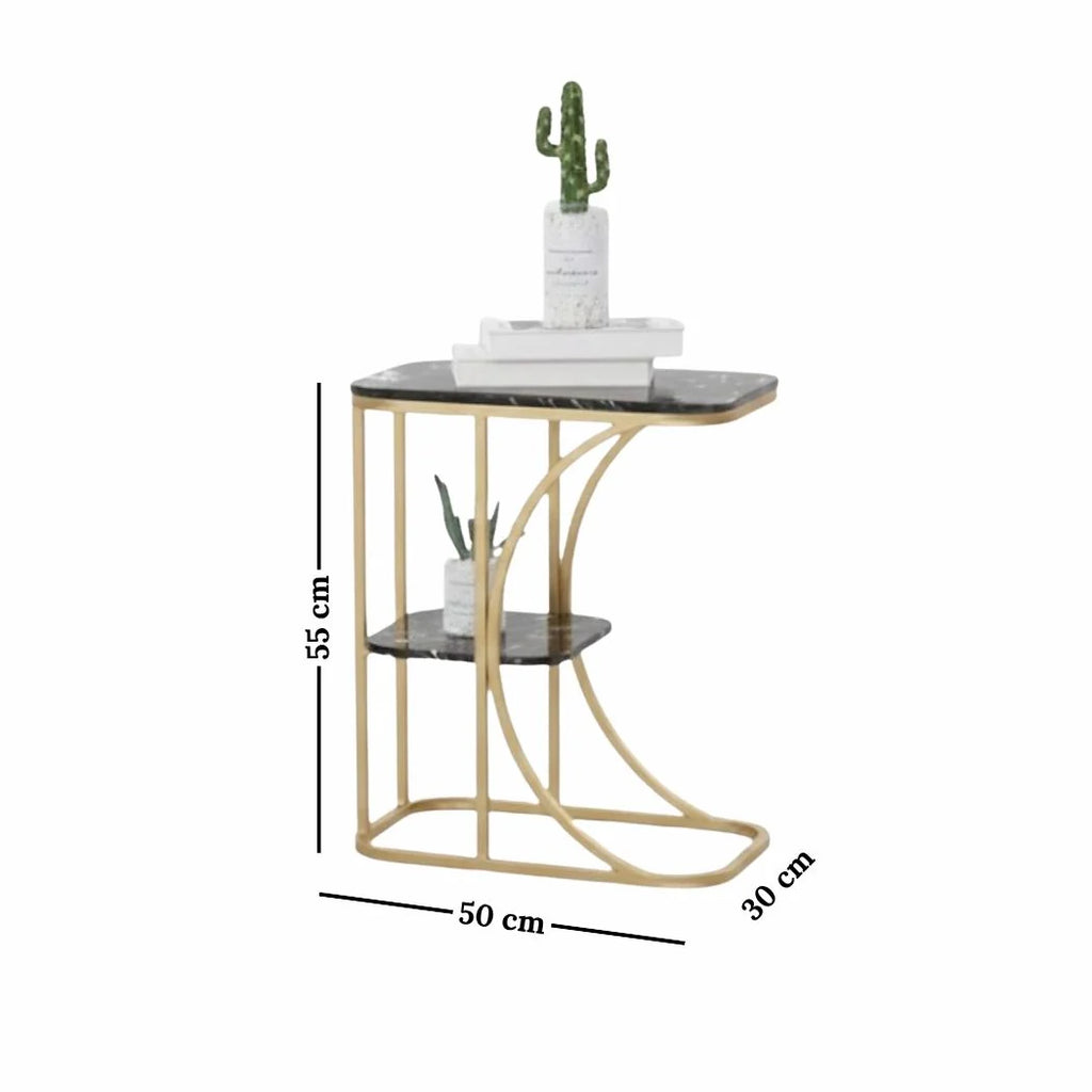 Small side table with gold frame and black marble top, featuring measurements on a white background.