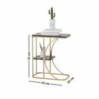 Small side table with gold frame and black marble top, featuring measurements on a white background.