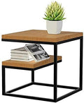 Small wooden side table with black metal frame, potted plant, and books on a white background