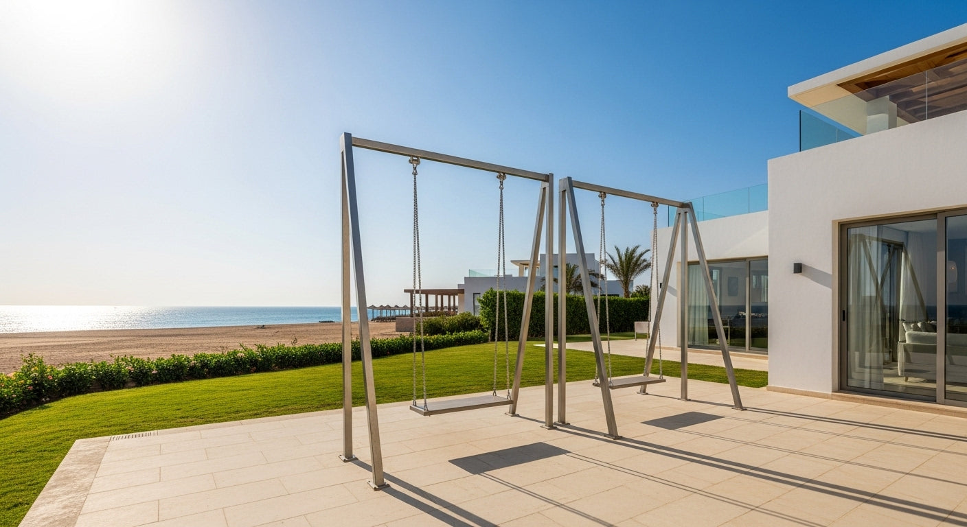 Modern house with a swing set on a sunny day