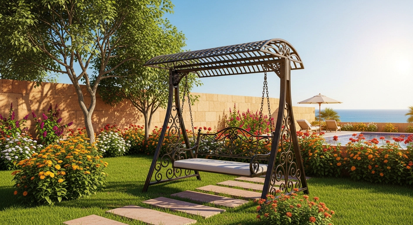Decorative garden swing with floral and garden setting