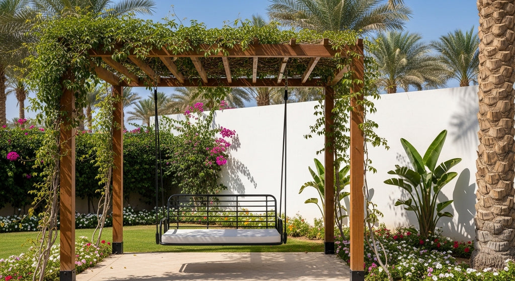 Modern bedroom with wooden bed, shelves, and desk.