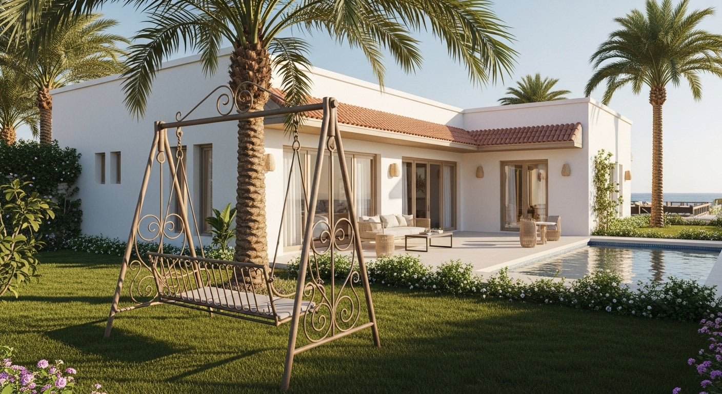 Swing set in a garden with a house and pool in the background