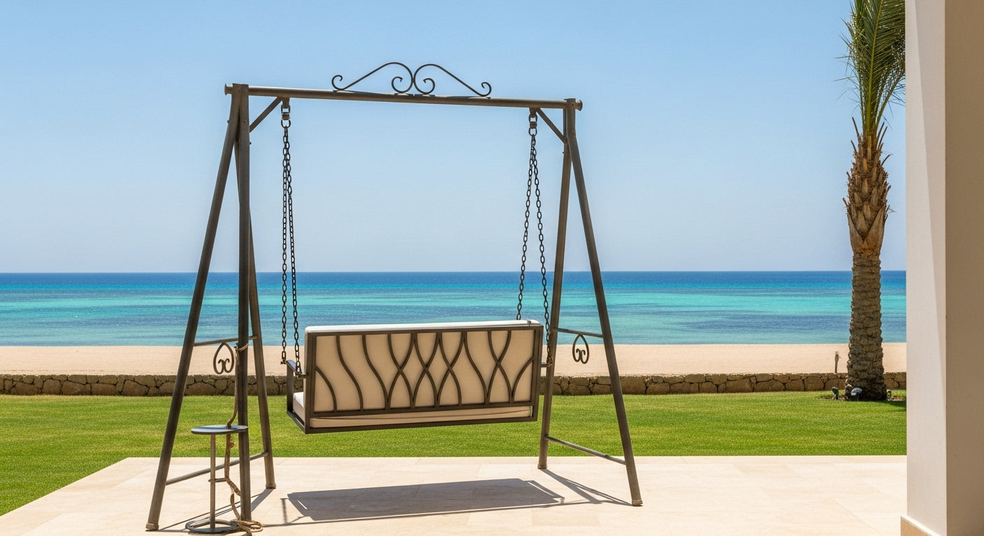 Swing set with a beach view in the background