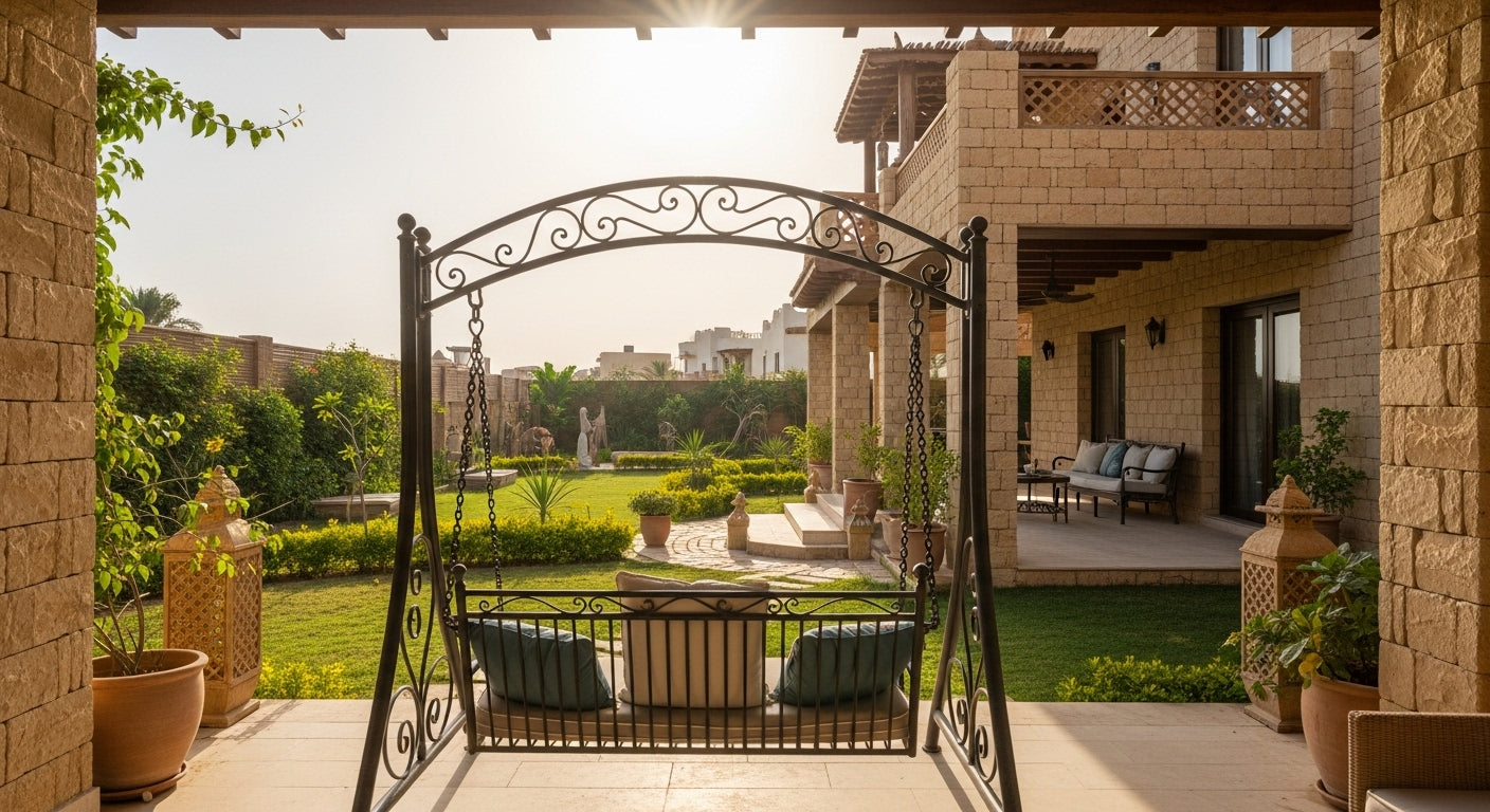 Garden swing in front of a house with a view of a park