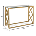 Console table with geometric design and dimensions on a white background