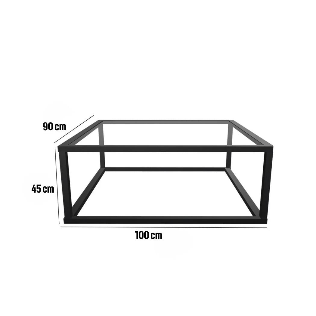 Dimensions of a black metal frame with measurements in centimeters on a white background.
