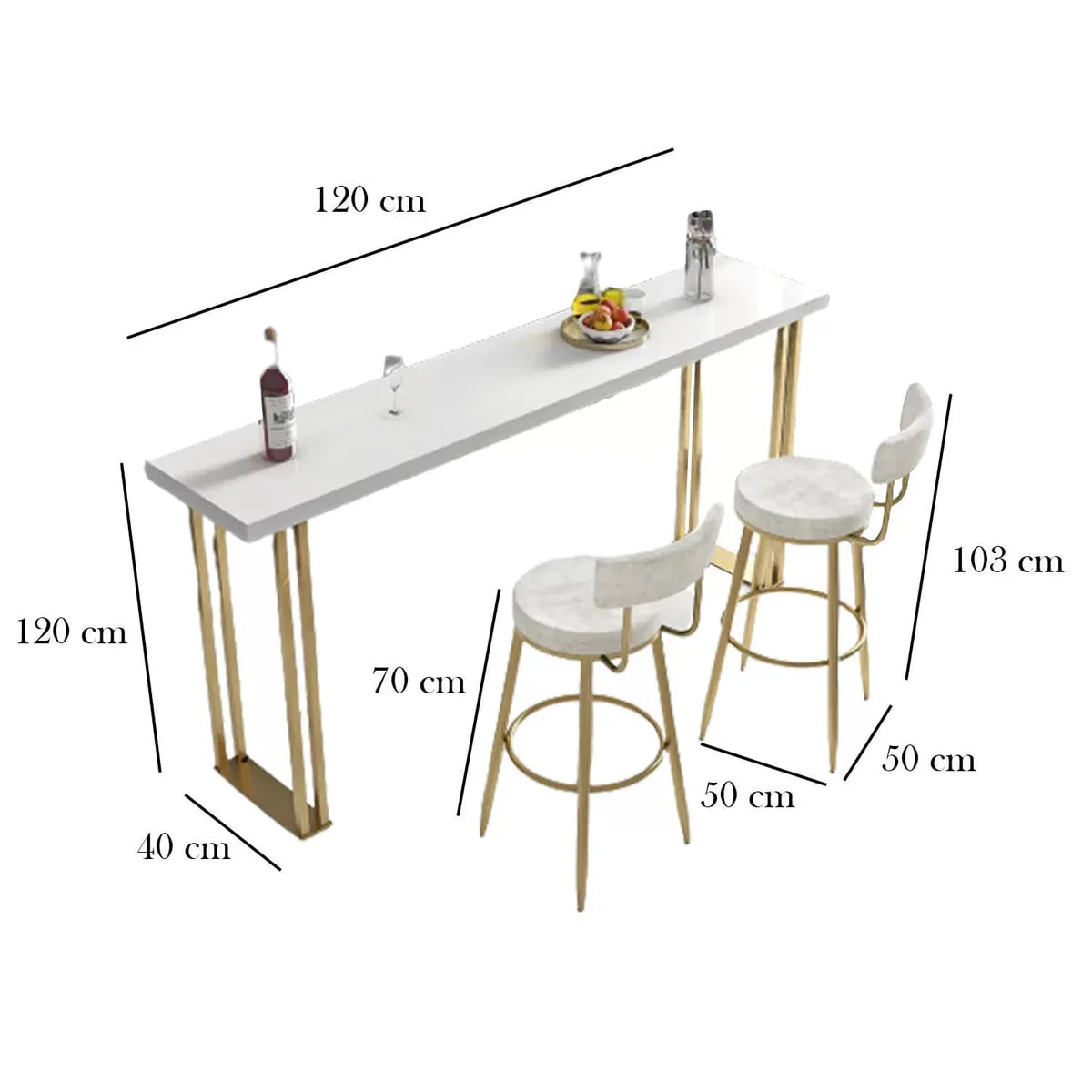 Bar table with stools and dimensions labeled on a white background