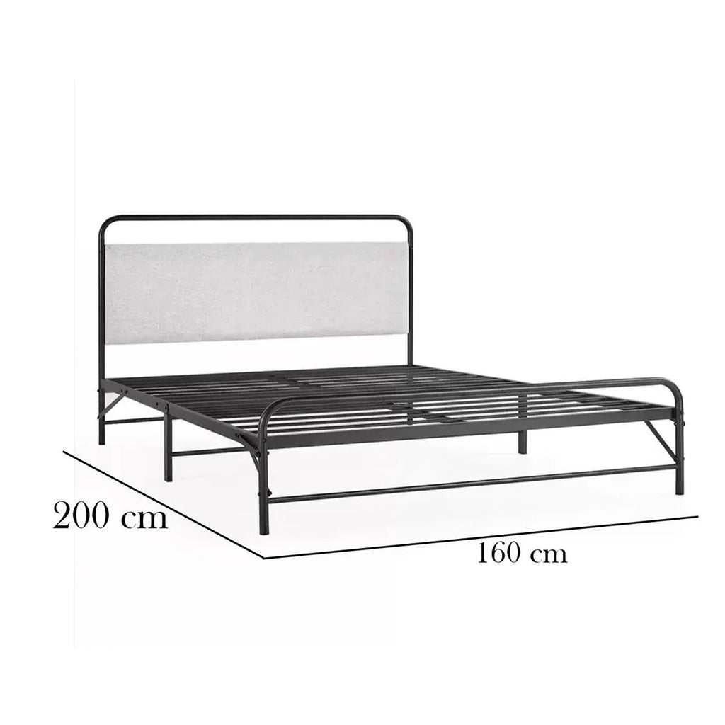 Black metal bed frame with dimensions on a white background