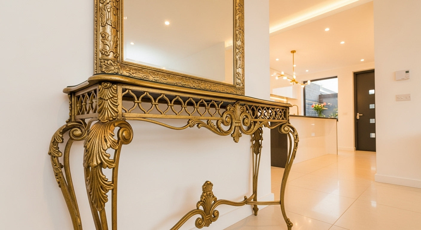 Gold ornate console table with mirror in a room setting