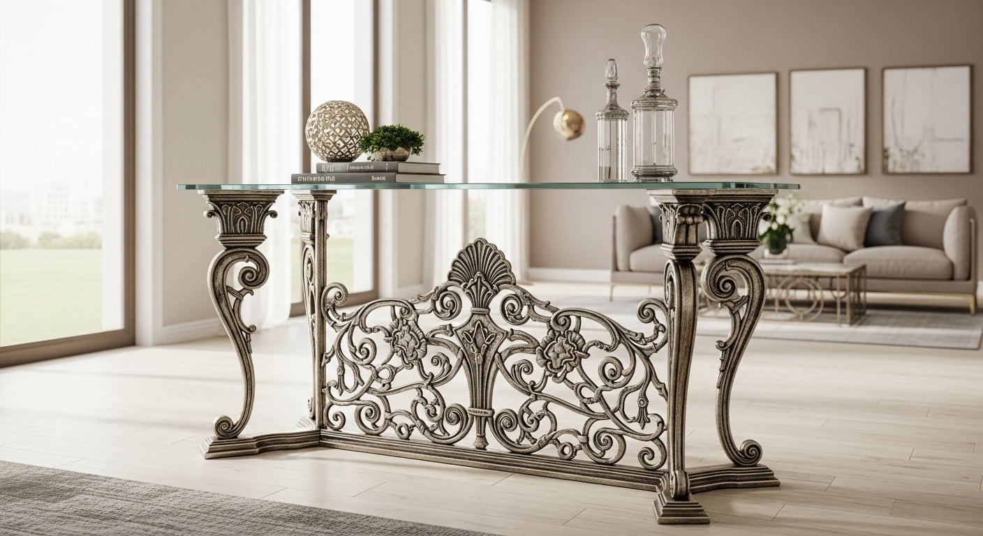 Decorative glass table with ornate metal base in a living room setting