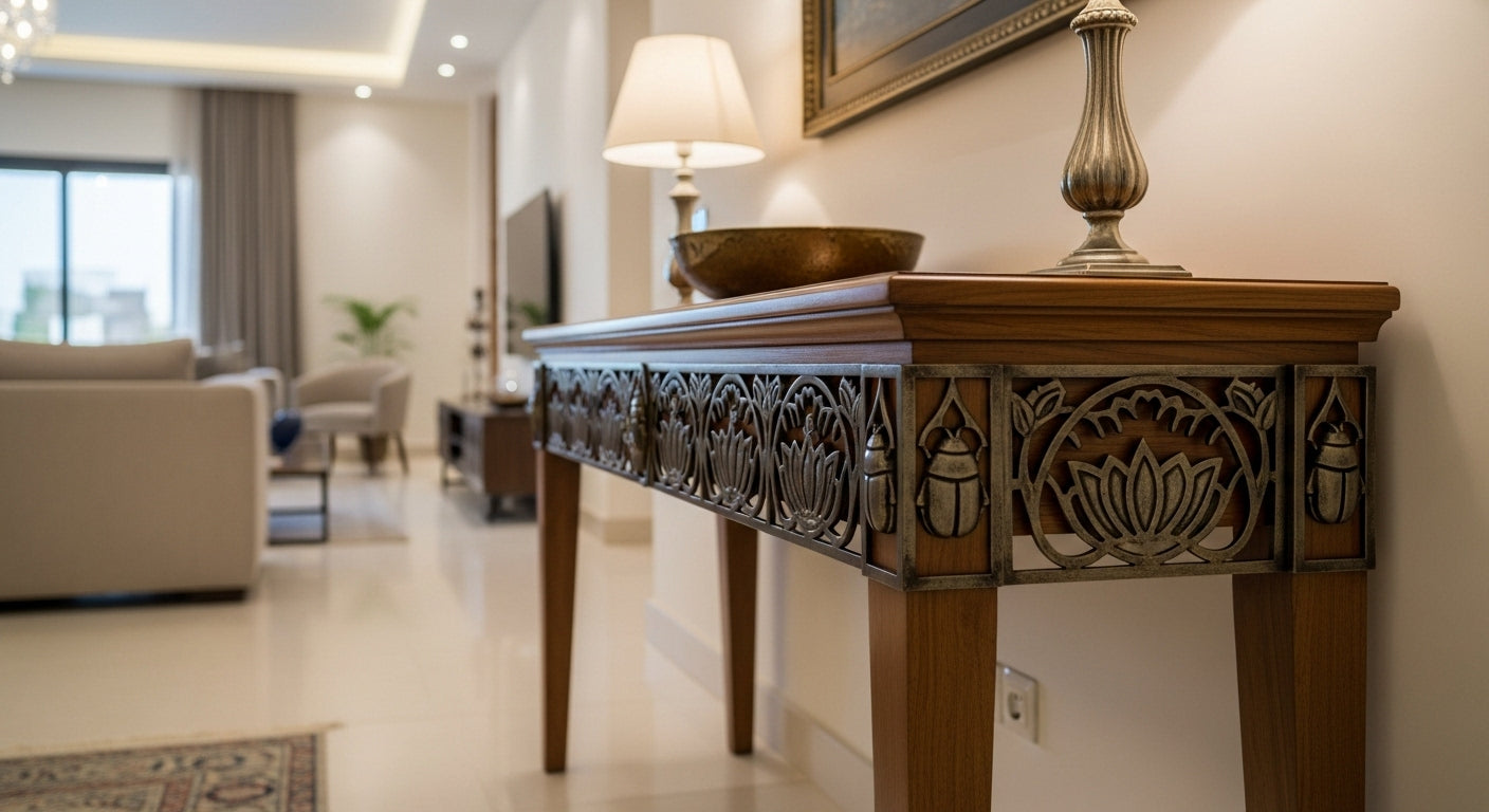 Decorative wooden console table with intricate carvings in a living room setting.