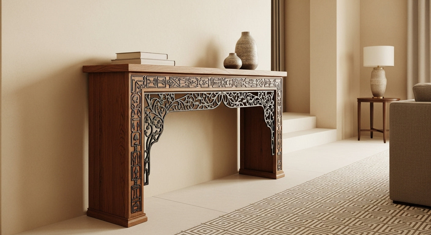 Decorative wooden console table in a room with a lamp and sofa.