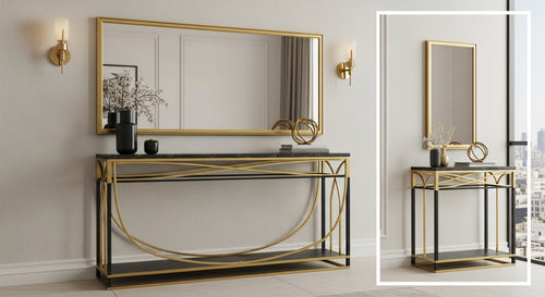 Console table with gold frame and mirror in a room setting
