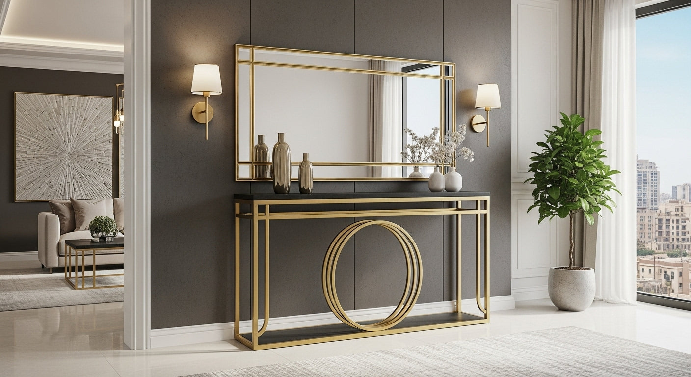 Modern console table with gold accents in a stylish living room.