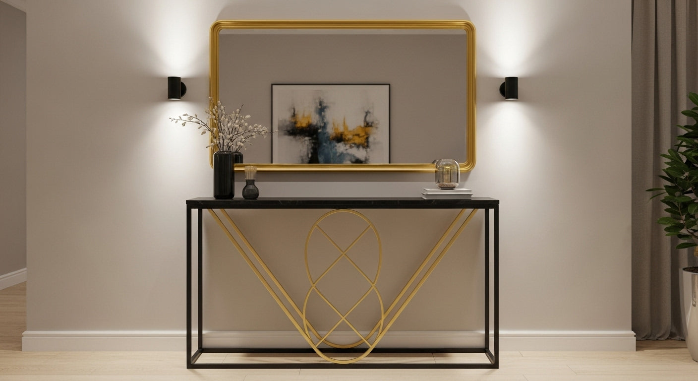Modern console table with gold accents in a stylish room setting.