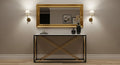 Modern interior design with a console table, mirror, and wall lights.