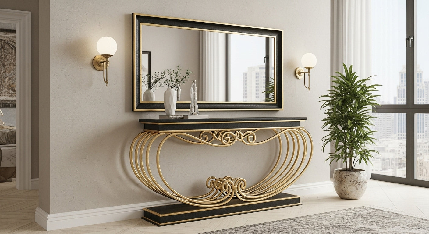 Decorative console table with mirror in a stylish room setting