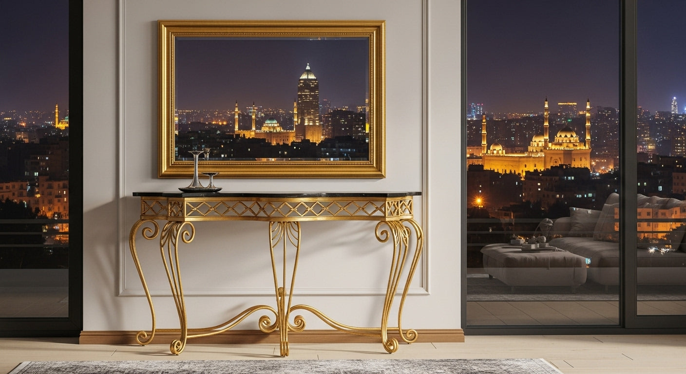 Gold console table in a room with a cityscape view at night