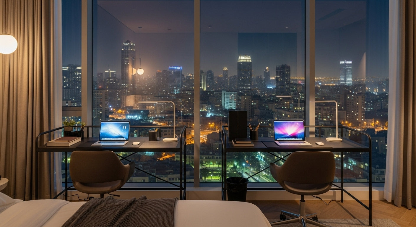 Modern bedroom with cityscape view at night, featuring two laptops on a desk.