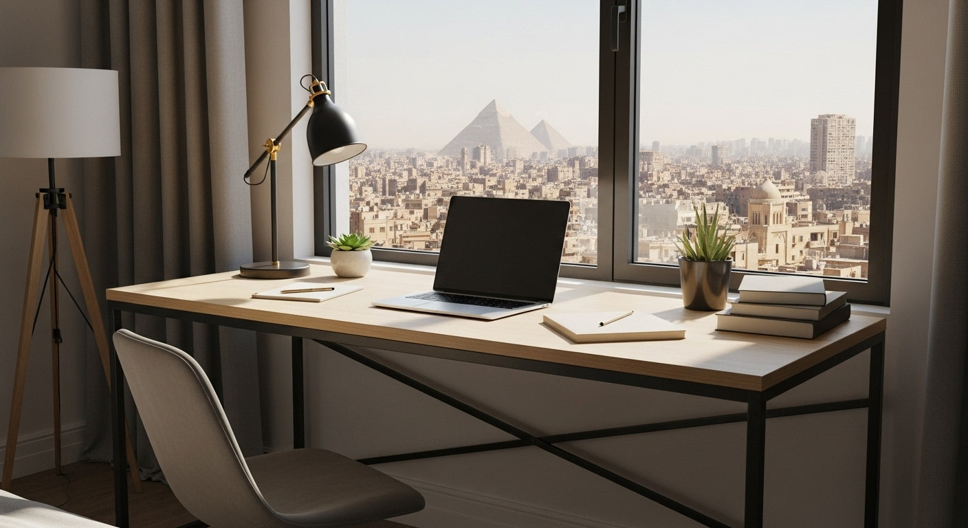 Modern office desk with laptop, books, and a chair in front of large windows with a cityscape view.