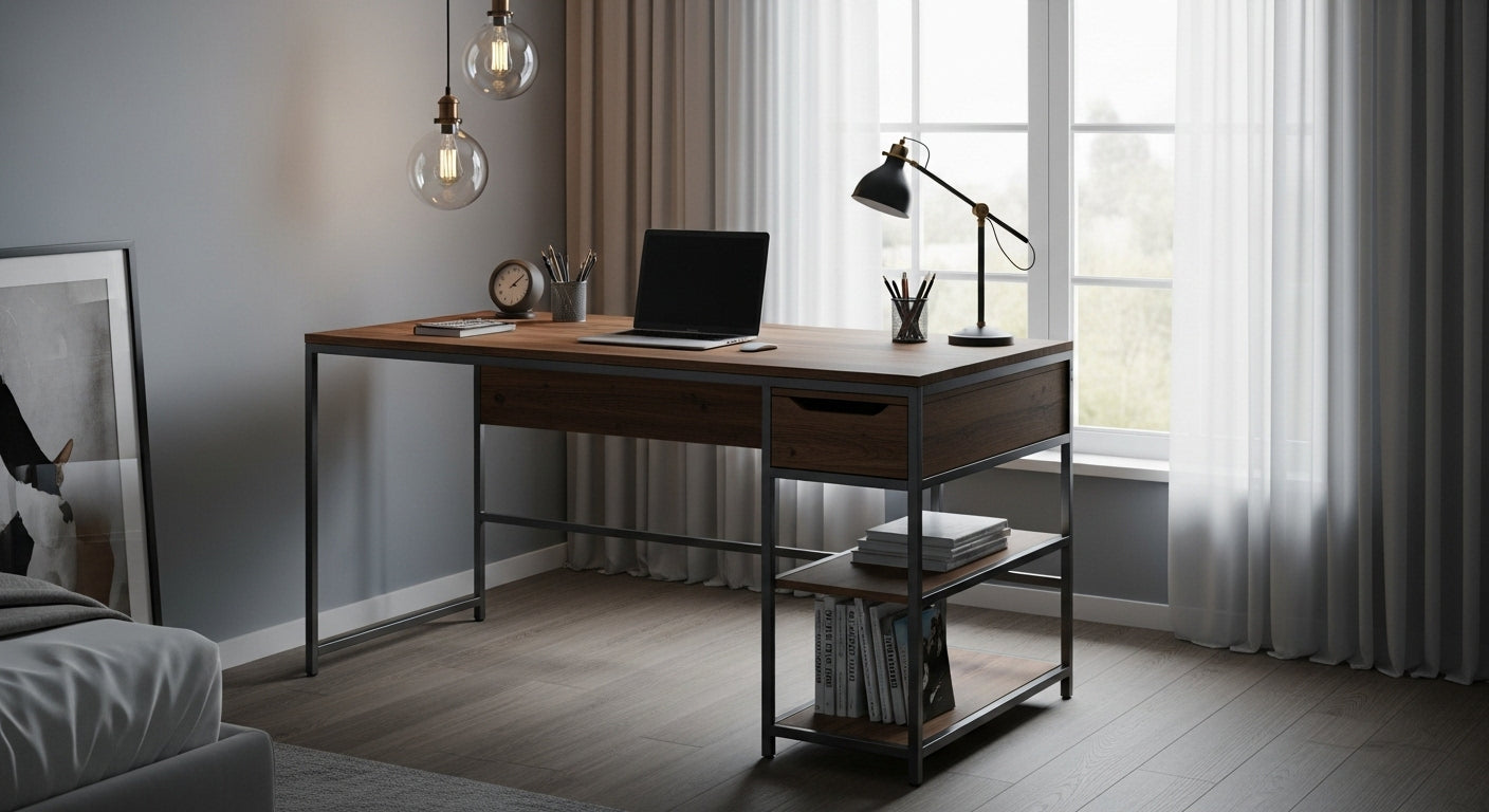 Modern home office with a wooden desk, laptop, and decor.
