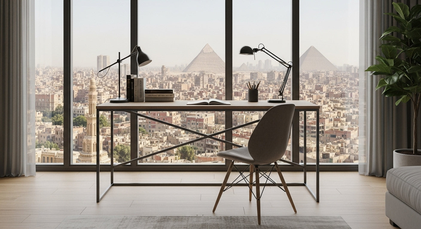 Modern office desk with chair in front of large windows with a cityscape view