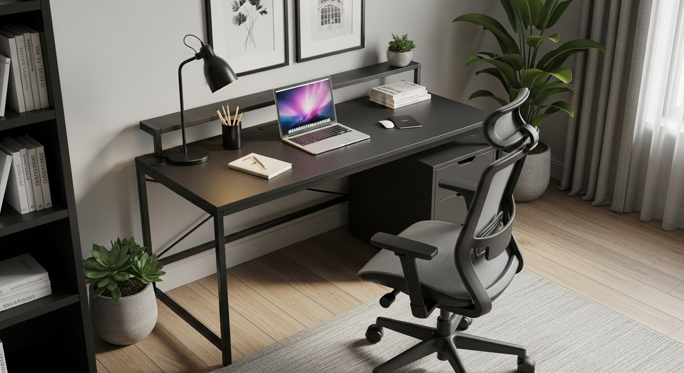 Modern home office with a desk, chair, laptop, and decor elements.