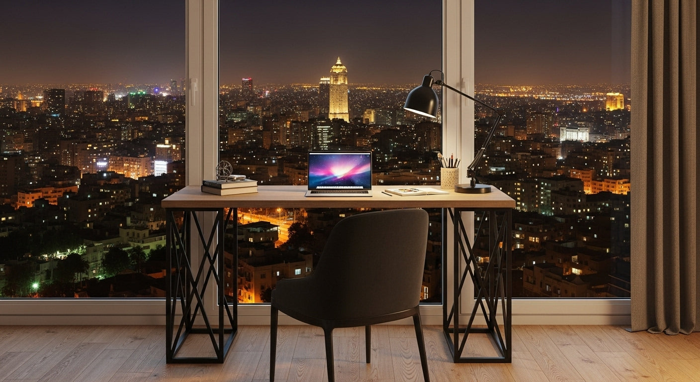 Modern office desk with laptop and chair in a room with a cityscape view at night.