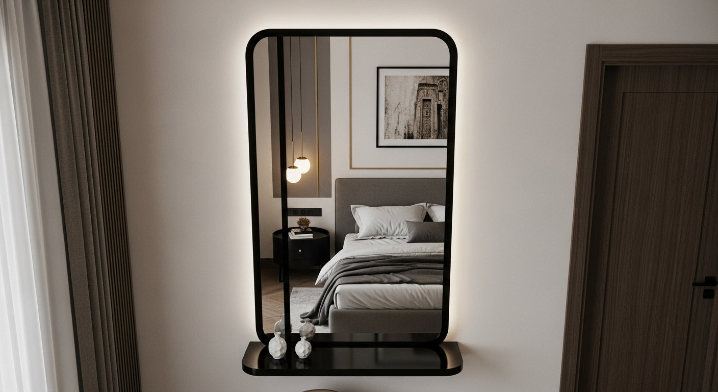 Large floor mirror in a bedroom setting with a bed and lamp visible.