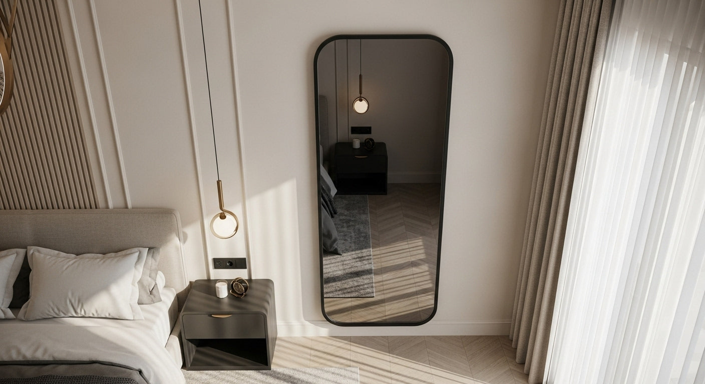 Modern bedroom with a large mirror, bed, and side table.