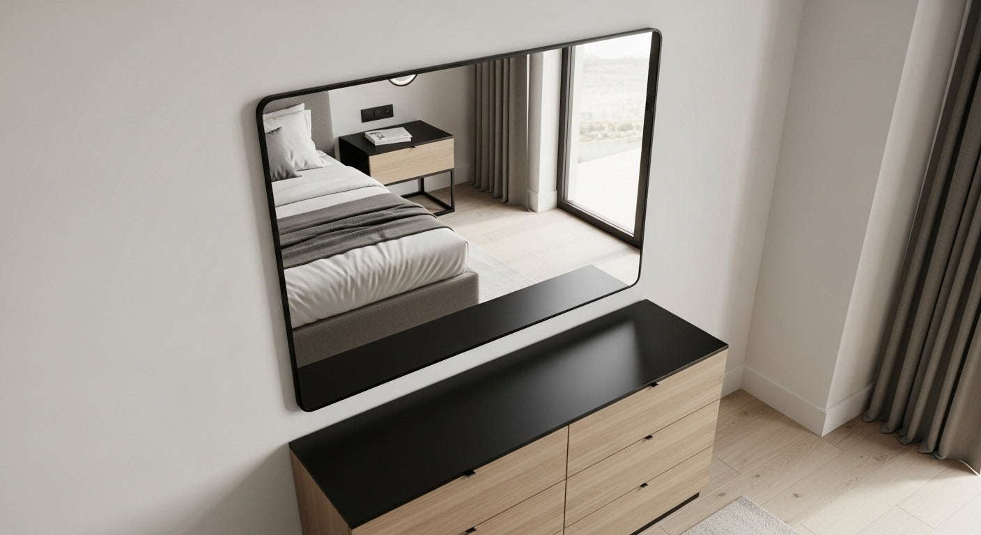 Modern bedroom with a large mirror on a dresser