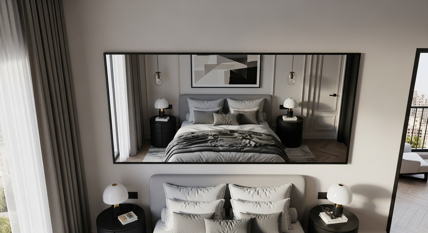 Modern bedroom with large mirror reflecting the bed and decor