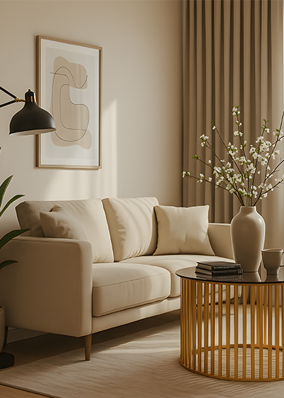 Modern living room with beige sofa, abstract art, and decorative elements.