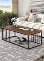 Modern Rectangular Coffee Table with Open Storage and Metal Frame