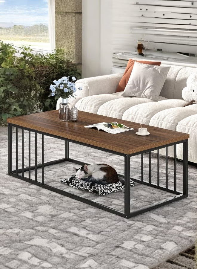 Modern Rectangular Coffee Table with Open Storage and Metal Frame