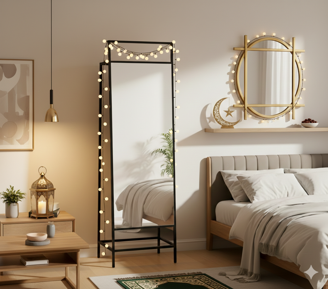 Modern bedroom with a standing mirror decorated with fairy lights, a bed, and side table.